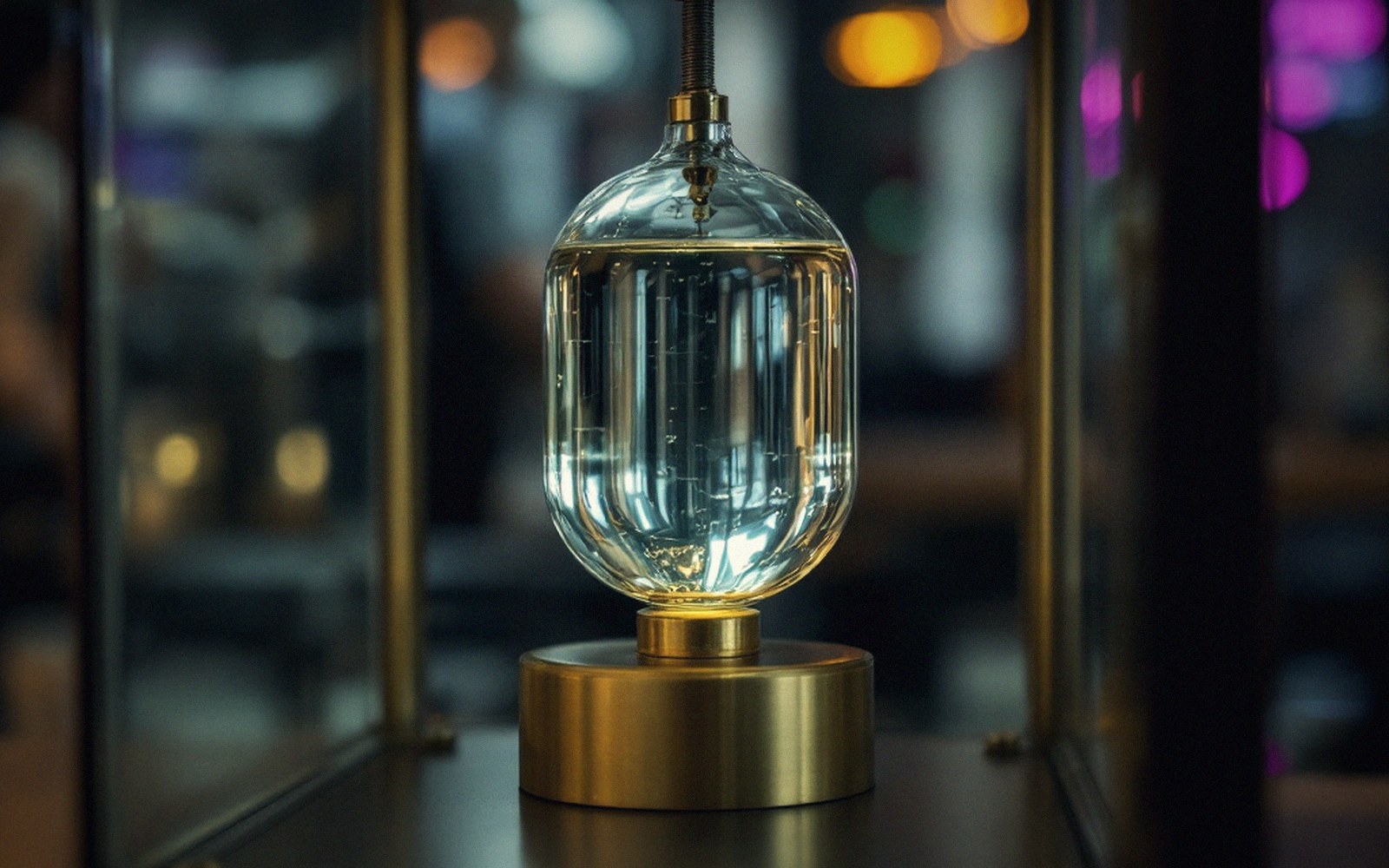 A cylindrical glass jar of mercury mounted as a pendulum bob inside a clock case, close, low light