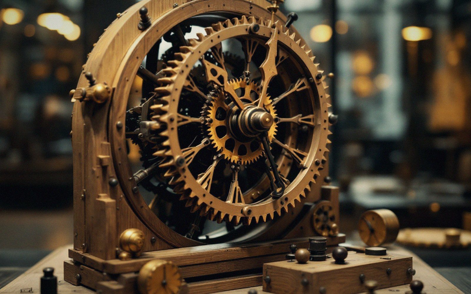 A wooden clock movement with unusual pivoted arms