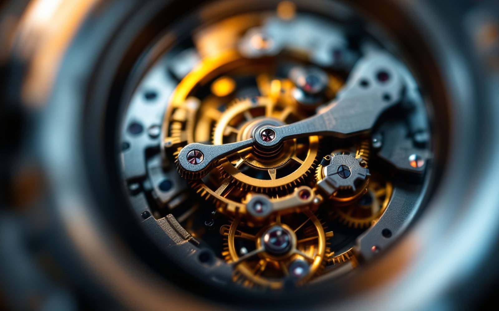 A watch movement with the balance and lever visible