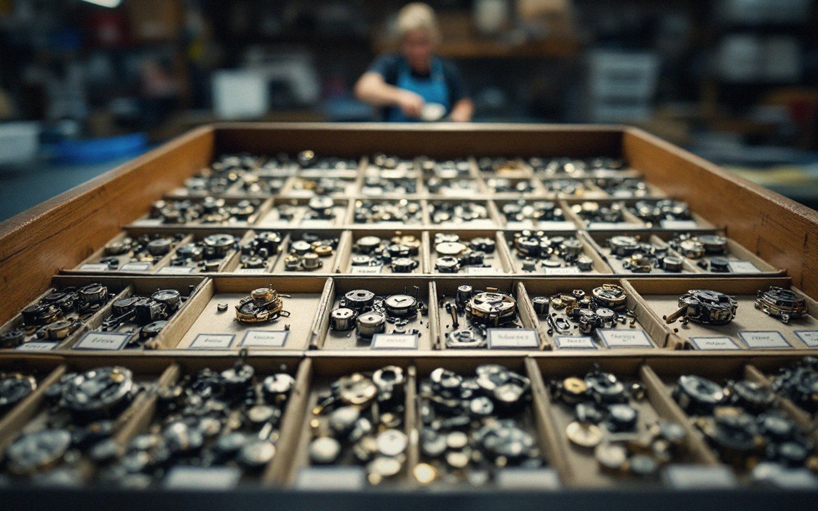 A drawer of small mechanical watch movements in labelled trays, overhead light, workshop