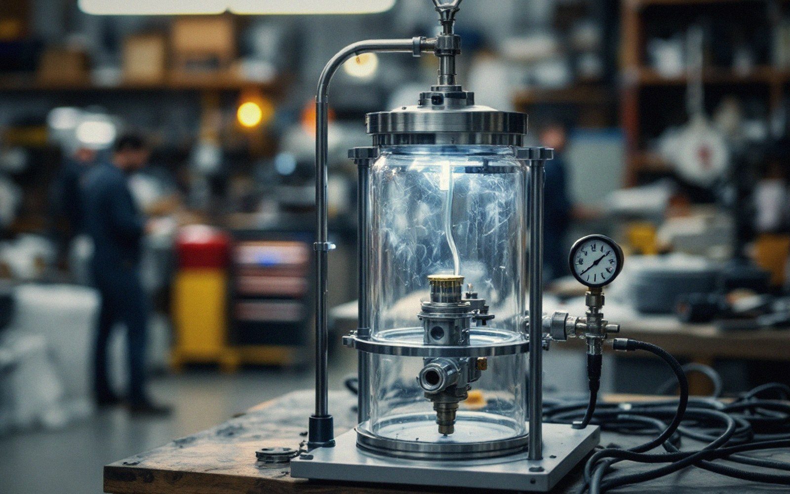 A sealed glass and metal vacuum vessel with a valve and gauge, workshop bench, hard light